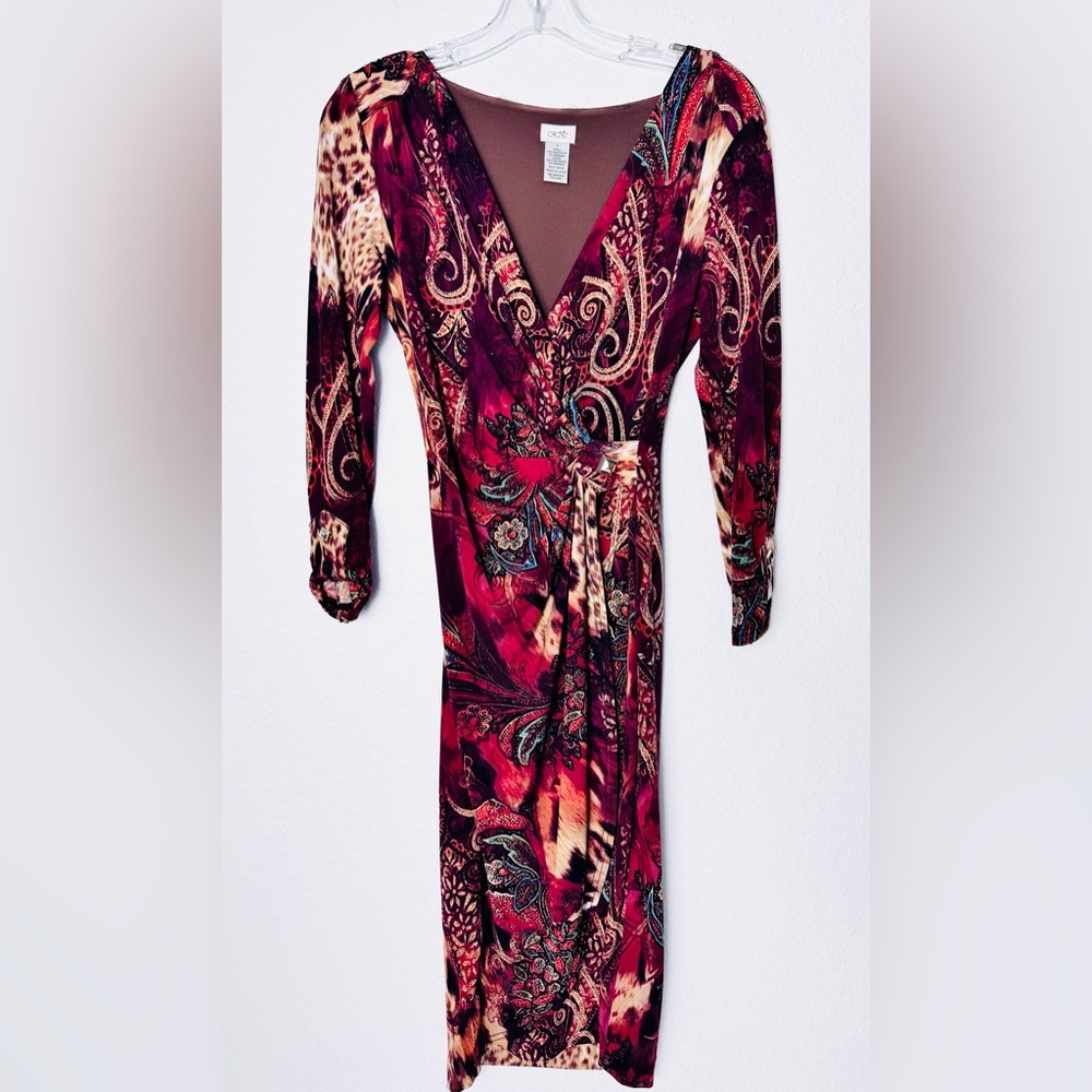 Cache Y2K Vintage Paisley And Leopard Dress Size Small Stretch Red Brown Bodycon